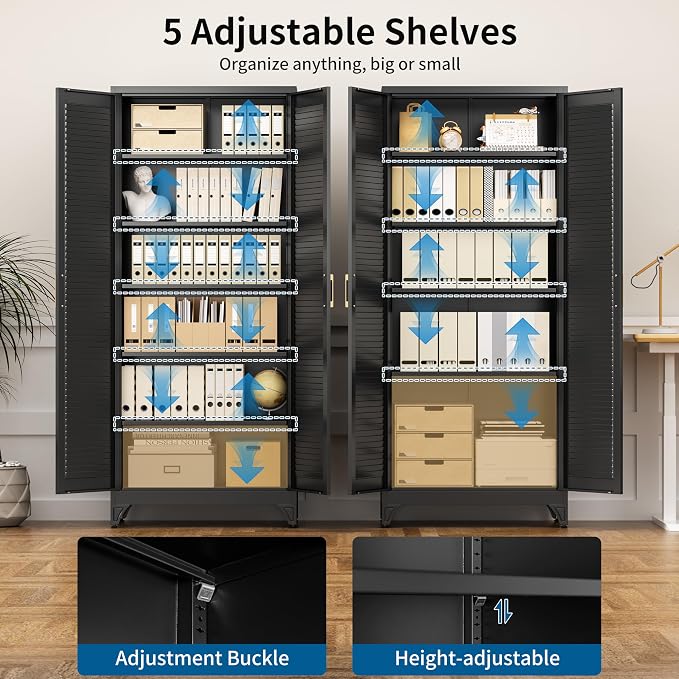 75" Tall Black Metal Storage Cabinet with Doors, Heavy Duty | Freestanding Louvered Door Kitchen Pantry Cabinet, 5 Shelves (180 Lbs Load), Tall Steel Cabinets for Home and Office