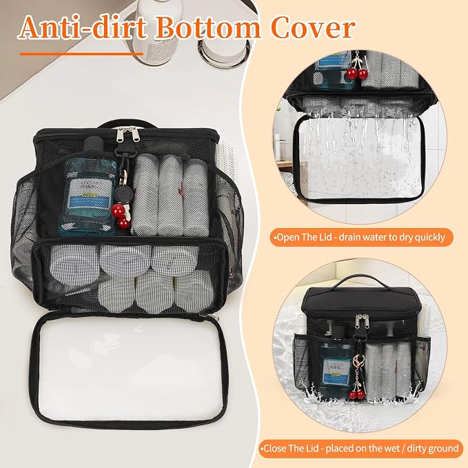 CUBETASTIC Shower Caddy Portable Mesh Shower Tote for Bathroom, Gym, Travel, Camping - Quick Dry Hanging Organizer Toiletry Bag with Handle for College Dorm Room, Men & Women
