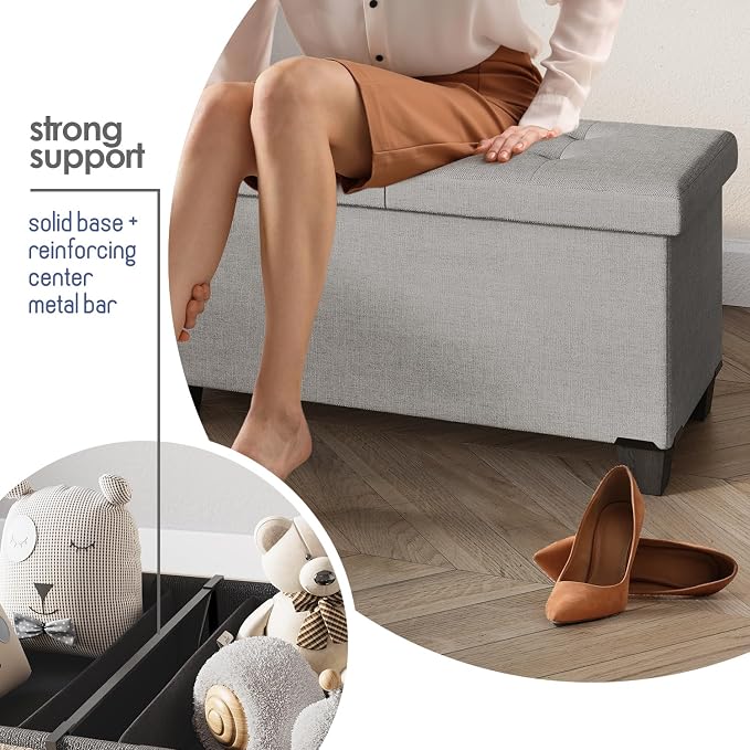 Storage Ottoman Bench with Bins, 43-in Storage Bench for Bedroom End of Bed, Folding Foot Rest Ottoman for Living Room Max 660lbs, Fabric Ottomans, Light Grey