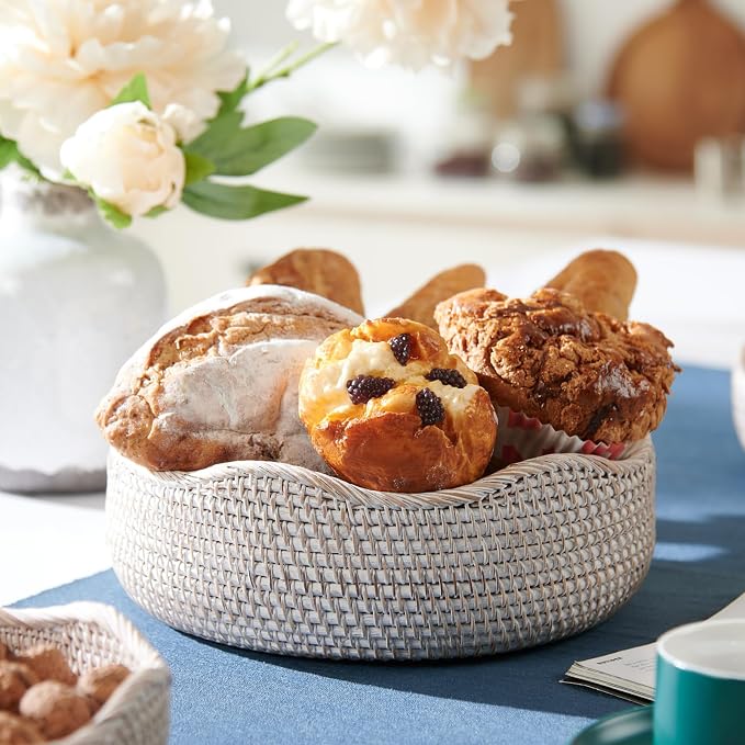 YANGQIHOME Rattan Bread Basket, Round Fruit Baskets, Wicker Storage Bowls, Natural Woven Serving Basket Bowls, Decorative Baskets for Kitchen Counter Organizing (Washwhite S/M/L)