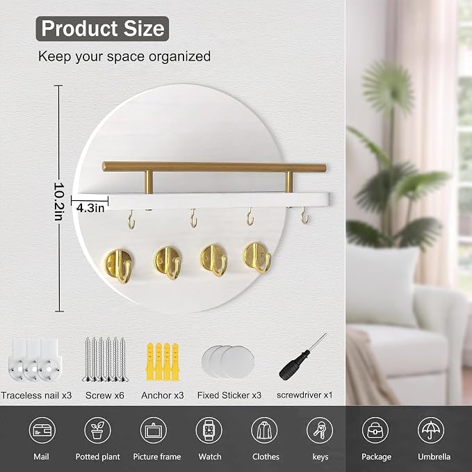 dreampossible Key Holder Wall Mount - 10.2 Inch Decorative Key Rack and Mail Organizer with 8 Key Hooks - Wooden Key Hanger with Shelf for Wall and Home Decor