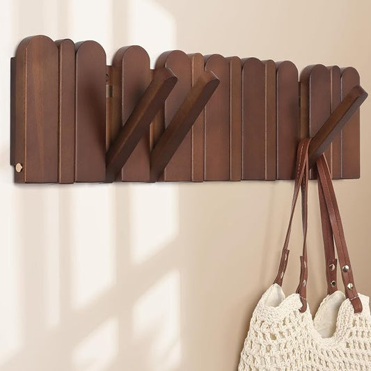 Wall Coat Rack for Entryway: Folding Wood Modern Heavy Duty 8 Hooks | 21.6'' Wall Mounted for Mid Century Home Decor Bathroom Bedroom Hallway for Hanging Towel Jacket Backpack Bag