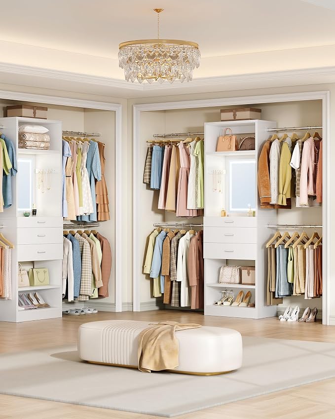 Hzuaneri Closet System Closet Organizer and Storage with 3-Color LED Mirror | 4-9.8FT Walk-in Closet System Wooden Storage Systems with 3 Drawers, LED Mirror, 4 Hang Rods & 2 SHELF, White BW00103EUS