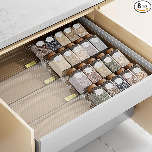 PanPanPal Spice Drawer Organizer, 8 Pack Clear Seasoning Organizer Rack, Expandable From 11" to 22" Wide Kitchen Spice Rack Organizers for Drawer, Countertop (Jars Not Included)
