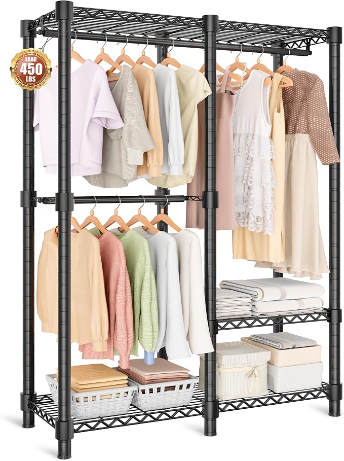 Heavy Duty Clothes Rack, 3 Tiers Sturdy Metal Clothing Rack with Hanger Rods & Shelves, Portable Closet Rack for Bedroom 45" W × 16" D × 76" H, Garment Rack Holds 450lb, Easy Assembly&Storage