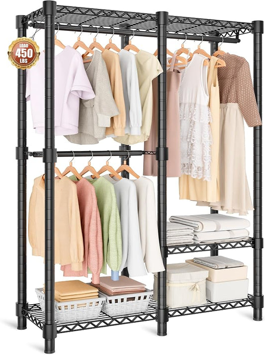 Heavy Duty Clothes Rack, 3 Tiers Sturdy Metal Clothing Rack with Hanger Rods & Shelves, Portable Closet Rack for Bedroom 45" W × 16" D × 76" H, Garment Rack Holds 450lb, Easy Assembly&Storage