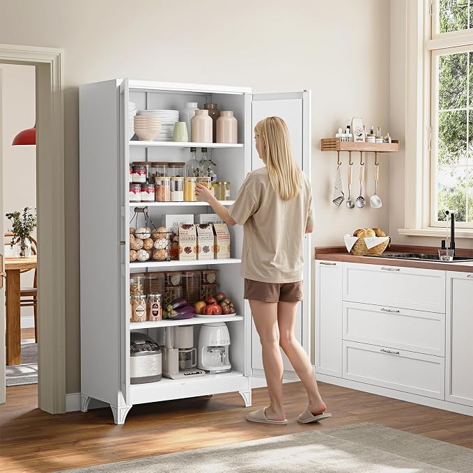 Yizosh Metal Pantry Cabinet,- 72" White Kitchen Pantry Storage Cabinet with Doos and Adjustable Shelves for Kitchen, Living Room,Dining Room,Home
