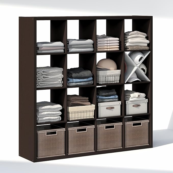 Furinno Cubic Extra Thick 16-Cube Closet Organizers and Storage, Dark Oak | 14.6 x 58 x 58 in, Open Shelf Closet Storage, Closet Organizer, for Wardrobe, Bedroom, Living Room