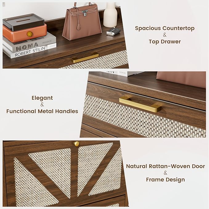 Rattan Shoe Storage Cabinet - Hidden Entryway Shoe Storage with Adjustable Shelf, Slim Shoe Organizer Cabinet with 2 Flip Drawers & 1 Drawer, Modern Shoe Cabinet Storage for Hallway Entrance