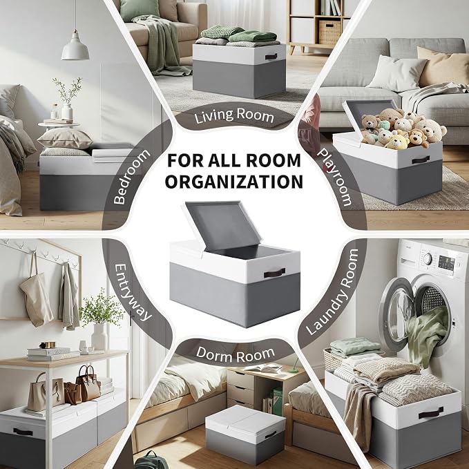 2 Pack EXTRA LARGE Blanket Storage Baskets with Lids, 22”x16”x12” Closet Organizers Bins for Clothes Towel/ Storage Box with Lid Handles/ Stackable Decorative Fabric Bins for Living Room, Nursery