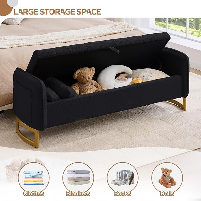 66" End of Bed Bench King Size, Teddy Boucle Storage Bench for Bedroom Foot of Bed, Storage Ottoman Bench with Golden Legs and Pillows for Living Room Window Entryway, Black