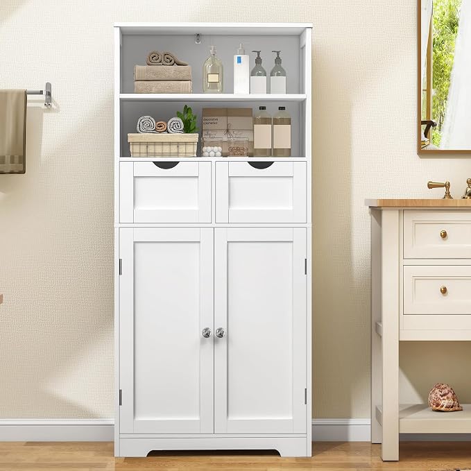 Iwell Tall Bathroom Cabinet, Storage Cabinet with Adjustable Shelves, Bathroom Storage Cabinet for Living Room, Dining Room, Entryway, White