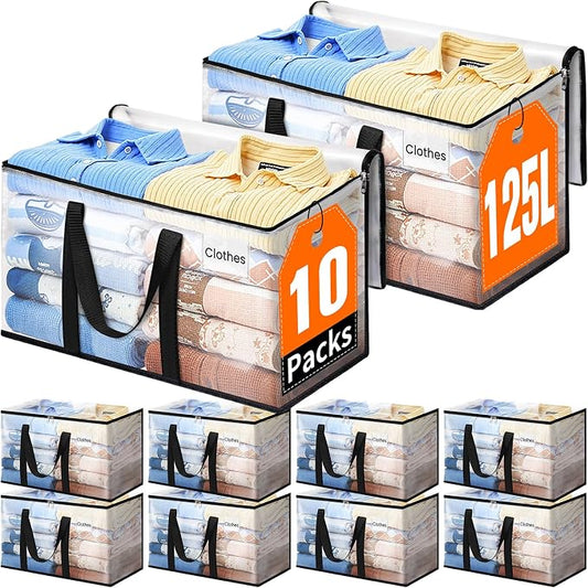 Moving Bags, Extra Large Heavy Duty Storage Bags, 125L, 10 Packs | Packing Bags with Strong Zippers & Handles, Top Opening Foldable Storage Tote for Home Organization and College Dorm Move-In