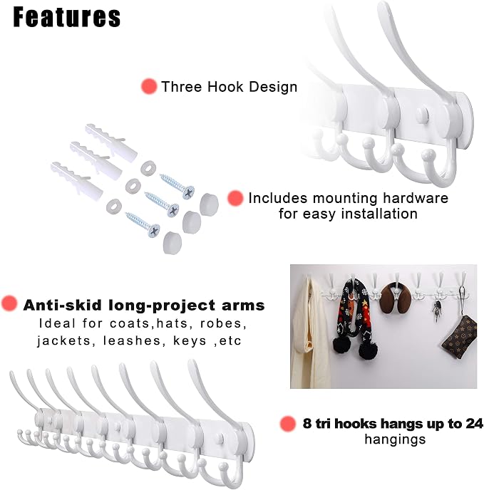 Dseap Coat Rack Wall Mount - 29.5” Long 8-Tri-Hooks Heavy Duty Coat Hanger Rail Wall Hooks for Hanging Coats Hats Clothing Clothes Purse Mudroom Entryway, White, Pack of 2