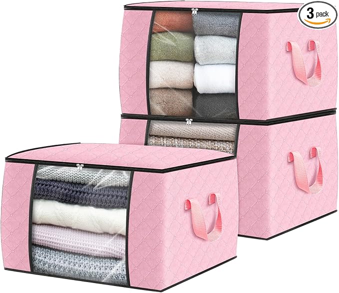 Fab totes 3 Pack Clothes Storage, Foldable Thick Fabric Blanket Storage Bags, Containers for Organizing Bedroom, Closet, Clothing, Comforter, Organization with Handle,Pink