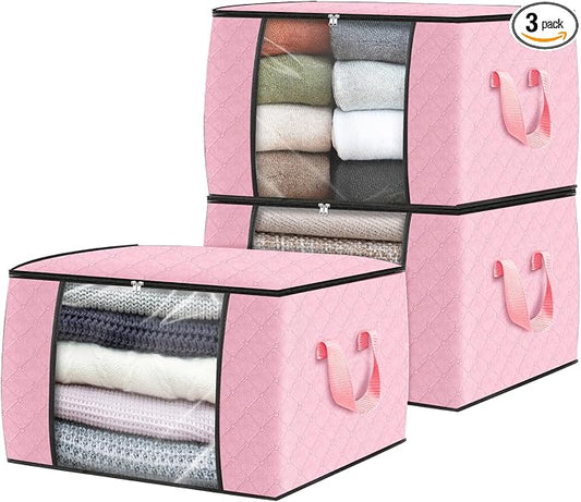 Fab totes 3 Pack Clothes Storage, Foldable Thick Fabric Blanket Storage Bags, Containers for Organizing Bedroom, Closet, Clothing, Comforter, Organization with Handle,Pink