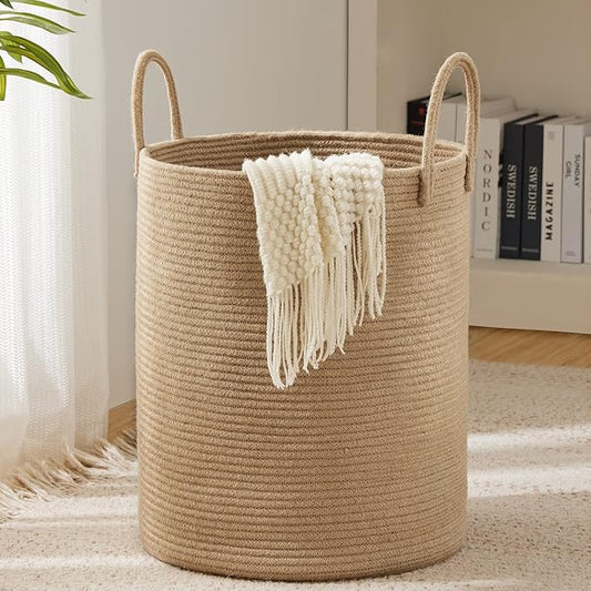 Woven Rope Laundry Hamper Basket by YOUDENOVA, 72L Tall Luandry Basket, Baby Nursery Hamper for Blanket Storage in Bedroom-Large-Jute | Large Laundry Hamper with Sturdy Handles, Collapsible Home Decor Laundry Basket for Laundry, Clothes, Toys in Bedroom