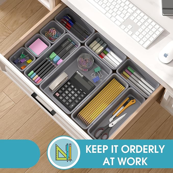 10 PCS Drawer Organizer Set, 4 Size Makeup Drawer Divider Organizer With Non-Slip Pads, Interlocking Plastic Storage Bins for Office,Jewelry Vanity,Gadgets, Bathroom,Kitchen, Grey