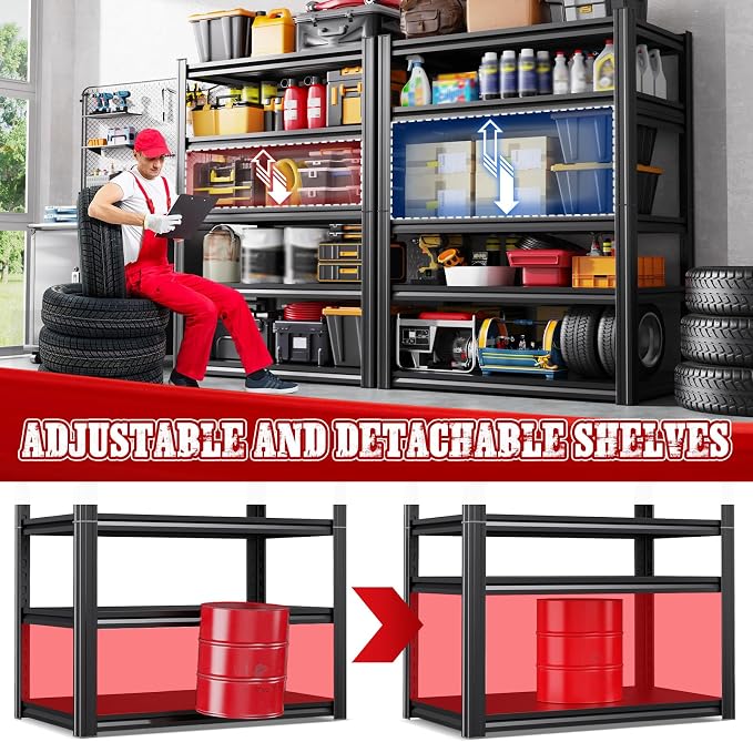 2 Pack Heavy Duty Metal Garage Shelving Unit 5-Tier 71.2"H x 35.4"W | Adjustable Shelf Heights, Tool-Free Assembly, Powder-Coated Finish, Rust & Scratch Resistant, Warehouse & Workshop Use