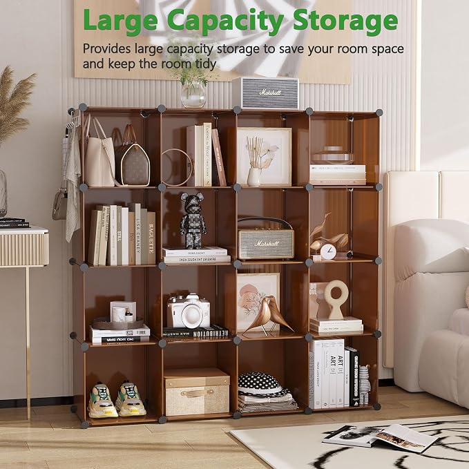 C&AHOME 16-Cube Storage Organizer, Plastic Shelves Units, DIY Closet Organizer, Modular Shelves Ideal for Home, Bedroom, 48.4" L 12.4" W 48.4" H Brown UPCS16C