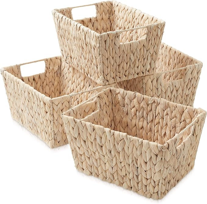 Casafield Set of 4 Water Hyacinth Storage Baskets with Handles - Whitewash White, Woven Storage Bins for Shelves, Blankets, Laundry Organization