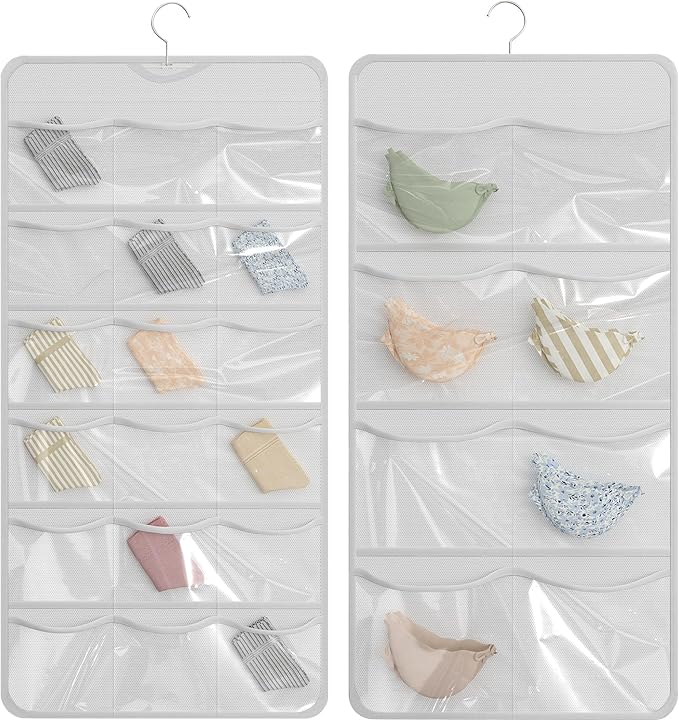 26-Pocket Hanging Closet Organizer for Socks and Underwear, White | Non-woven clear compartments keep bras & leggings visible; swivel hook fits wardrobe, closet rod, wall, door or shelves.