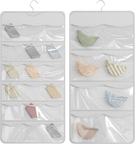 26-Pocket Hanging Closet Organizer for Socks and Underwear, White | Non-woven clear compartments keep bras & leggings visible; swivel hook fits wardrobe, closet rod, wall, door or shelves.