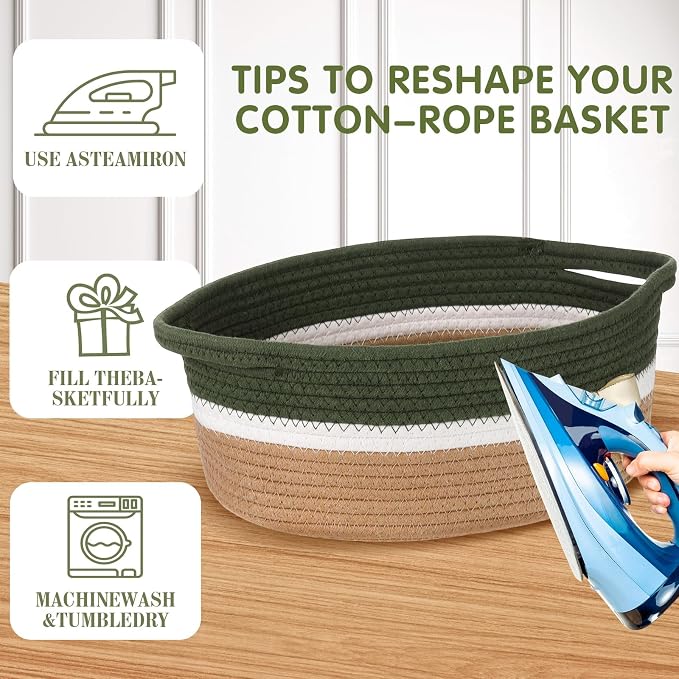 Colingmill 1 Set Woven Empty Basket for Gift,Green Khaki | with Cellophane Wrap Set, 14 x 10 x 5.5 Inch, Medium Decorative Gift Basket, Cotton Rope Storage Box, Home Decor