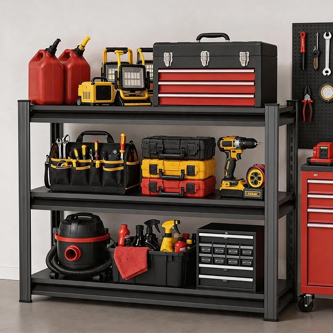 Garage Shelving, Heavy Duty Storage Shelves, Adjustable Boltless Units | Metal Shelving with Double Layer Posts, Industrial Steel Shelving for Garage Basement Warehouse Kitchen, Black, 31H*28W*14D