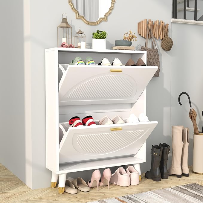 White Shoe Storage Cabinet: 24" Ultra Thin Small Shoe Cabinet for Entryway, Modern Slim and Narrow Hidden Shoes Rack Organizer with Doors and 2 Flip Drawer (1 Piece, 25")