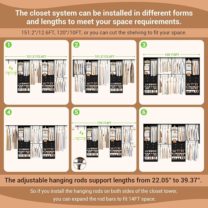 Besiost Closet System with Drawers, 120"/10FT, 151.2"/12.6FT, Built-in Closet Organizer System with Reversible Hanging Shelving and Hanging Rods, Black Set of 2