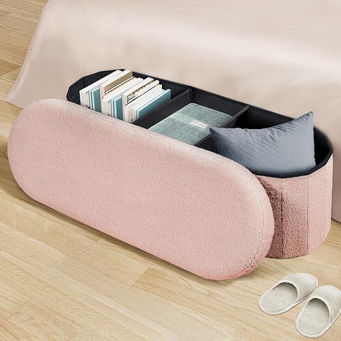 PINPLUS Storage Ottoman Bench Tufted Oval Ottomans for Living Room Foot Rest, Chest Box Velvet Bench with Storage, Pink 43"x15"x15" (Pink)