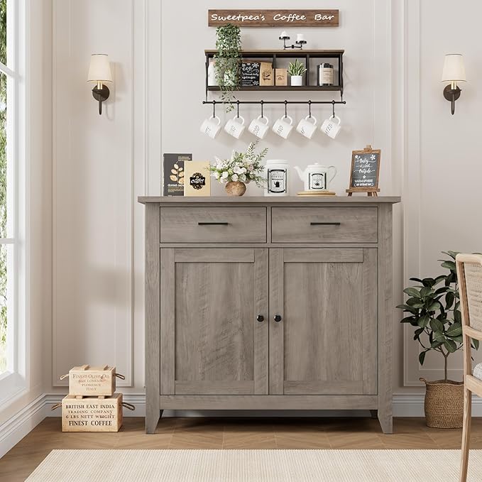 HORSTORS Farmhouse Kitchen Storage Cabinet, Small Buffet, Coffee Bar, Grey | Buffet Sideboard with 2 Drawers & 2 Doors, 35.8"W Coffee Table, Sapce-saving Kitchen Cabinet for Dining Living Room, Entryway