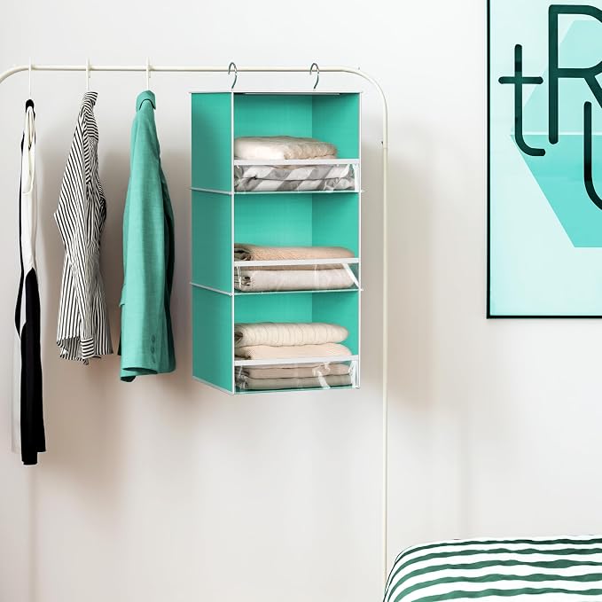 Simple Houseware 3 Shelf Hanging Closet Organizer, Turquoise | 3 Shelf Hanging Closet Organizer with Front Stopper