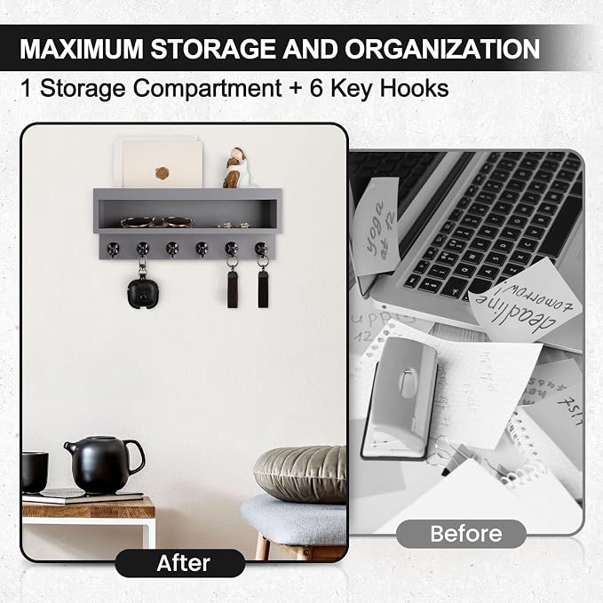Key and Mail Holder Wall Mount, Key Hanger with Long Storage Box and 6 Hooks for Coat, Dog Leash, Home Decor Rack, House Accessories, Entry Way Organizer