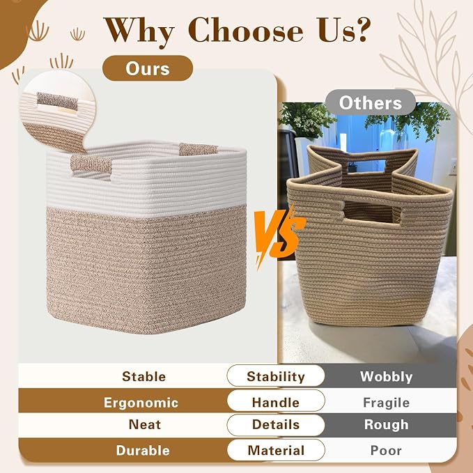 15×13 Inch Storage Cubes, 3 Pack Cube Storage Bins for Organizing, Cotton Rope Woven Baskets for Shelves, Bathroom, Kids Room, Closets, Baby Nursery