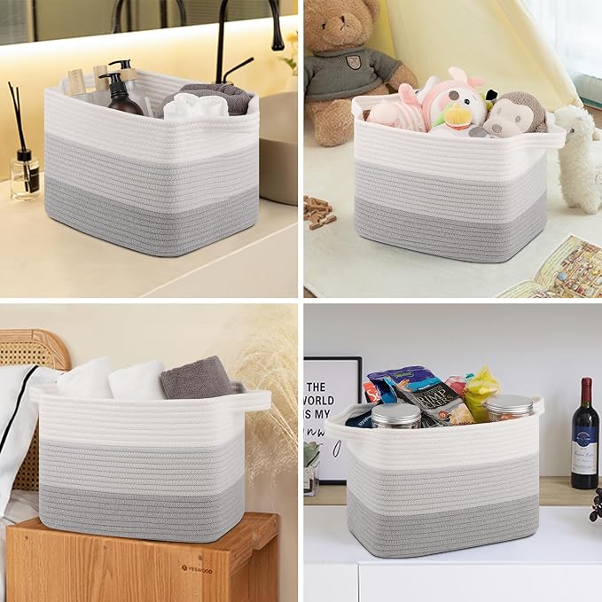 OIASKET Storage Baskets for Organizing, Woven Baskets for Shelves, Rectangle Decorative Organizer for Storage Clothes, Toy, Books, Towels Nursery Bins 3 Pack (Gradient Grey, 14.17"x9.85"x9.45")
