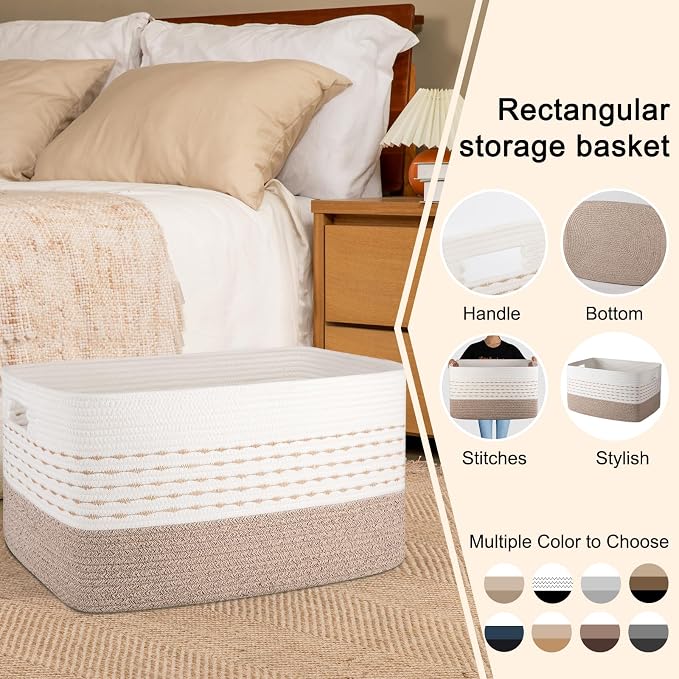 OIAHOM 75L Extra Large Blanket Basket, 22”x17”x15” Rectangle Woven Cotton Rope Baskets for Living Room, Toy Storage with Handle- Gradient Light Brown