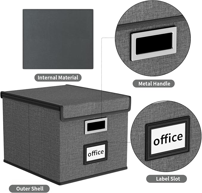 File Organizer Box with Lids, Collapsible File Folder Organizer | File Box with Plastic Slides for Document, Filing Bin for Letter Size Hanging File Folders (1 Pack, Dark Gray)