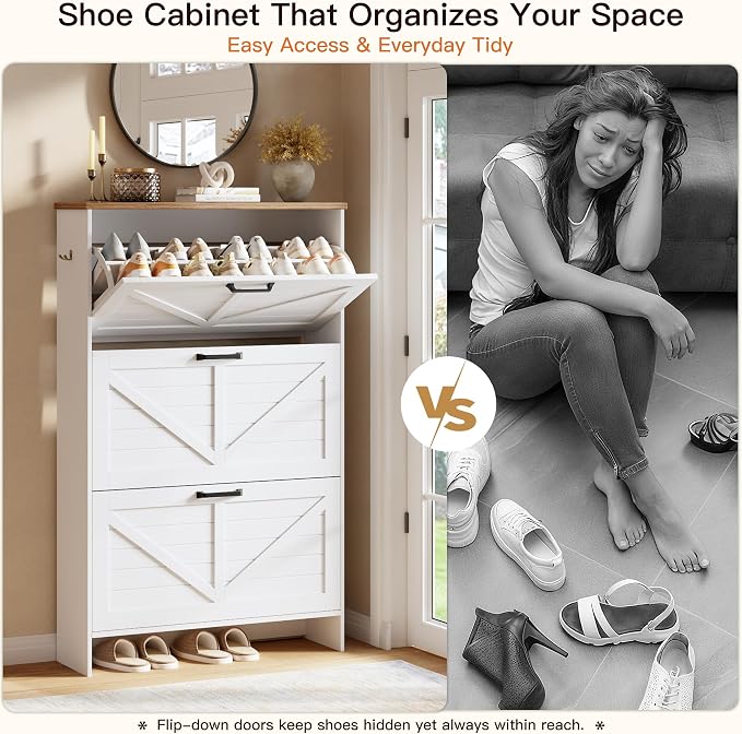 Nicetree Shoe Cabinet, 3 Flip Drawers & Adjustable Shelves, Ultra Slim Freestanding (9.1” Deep), Holds 30 Pairs, Narrow Shoe Storage Cabinet with Anti-Tip Safety, Modern Farmhouse White Walnut