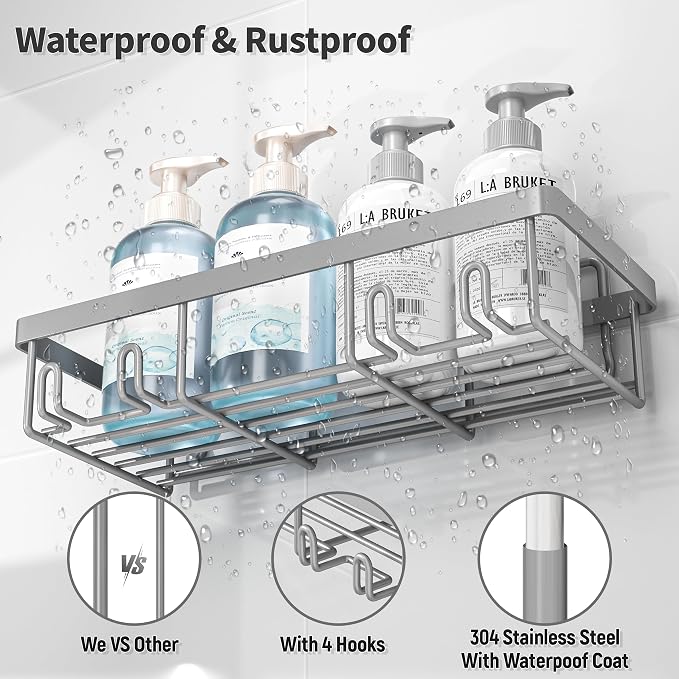 Liuoud 5 Pack Shower Caddy Organizer Rack Shelf for Inside Shower, Self Adhesive Bathroom Wall Storage Basket Rustproof Stainless Steel Large Capacity Shampoo Holder, Grey