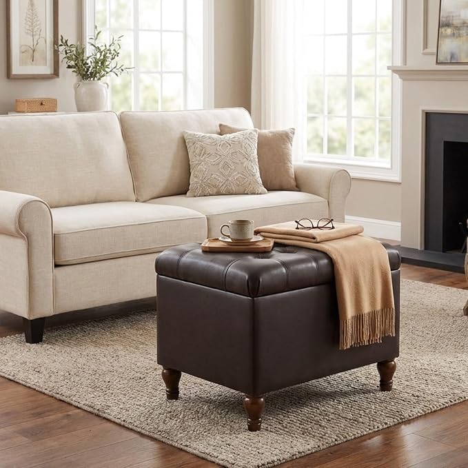 Spatial Order 24" Medium Tufted Storage Ottoman - Espresso Brown Faux Leather