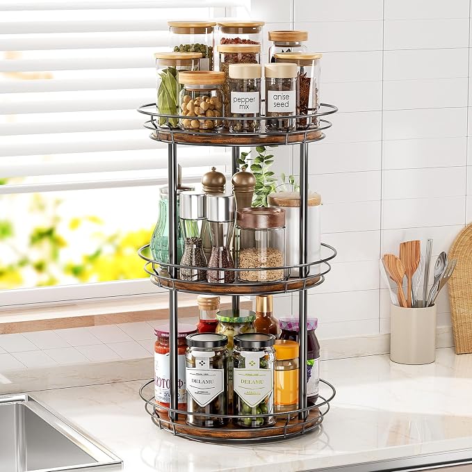 LAMU 10'' Lazy Susan Turntable Organizer, 3 Tier Round Rotating Spice Rack Organization for Kitchen Cabinet and Countertop, Wooden Lazy Susan for Table Top, Pantry, Bathroom, Vanity, Home Decor