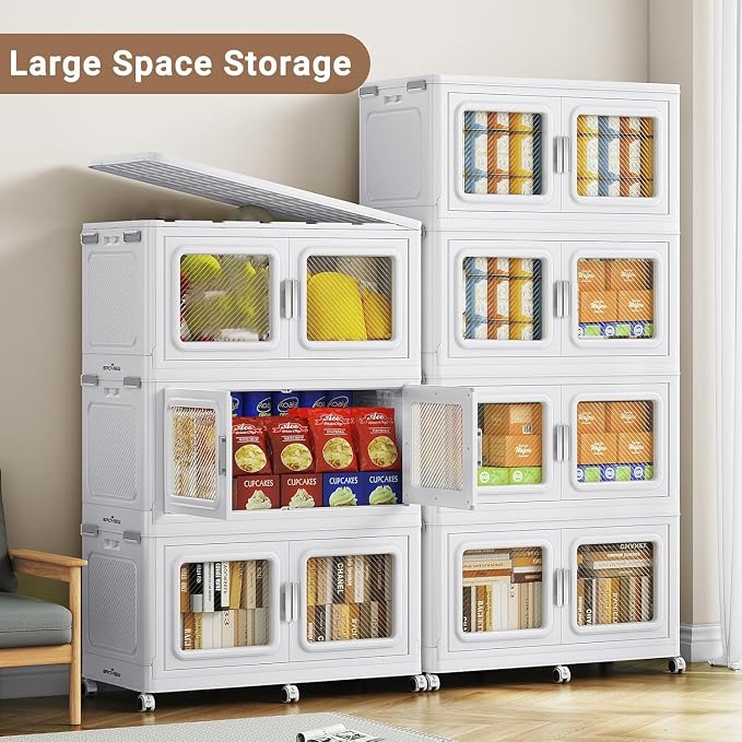 BROVIEW 300 Qt Extra Large Stackable Storage Bin with Lid, 1 Pack White | 75Gal Extra Large, Collapsible Storage Boxes with 1 Lid, Folding& Rolling Plastic Drawer, Heavy-Duty Cabinet Organization
