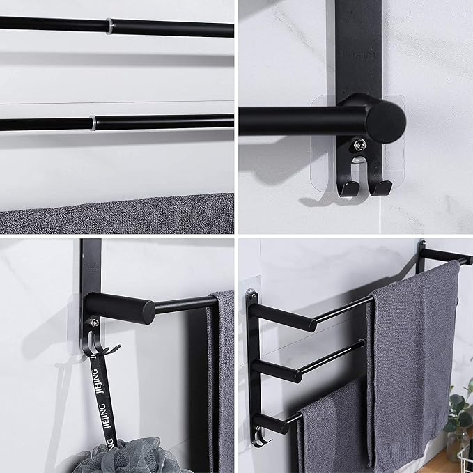 CAXIMSY Black Adjustable Towel Bar for Bathroom Wall Mount17-30.7inch Adhesive Shower Towel Rack Stainless Steel Bath Towel Holders for Toilet Kitchen Double Towel Hanger (Black 3 Bar)