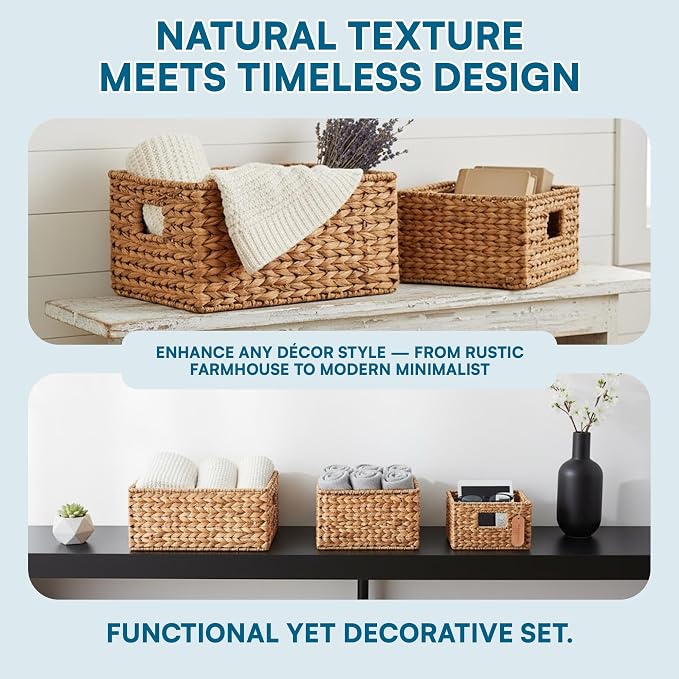 Honey-Can-Do Banana Leaf Storage Baskets –Water Hyacinth Woven Basket, Decorative Baskets for Shelves, Basket for Gifts, Closet, Pantry, and Home Organization, Set of 3, Multi-Size