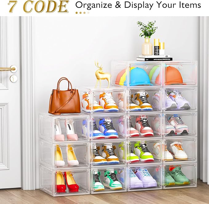 Large Thick Clear Shoe Organizer, Magnetic Door Stackable Shoe Storage Box | Foldable Shoe Storage Boxes for Sneakers & Boots, Space-Saving Closet Shoe Cabinet with Clear Magnetic Door, 9 Pack White