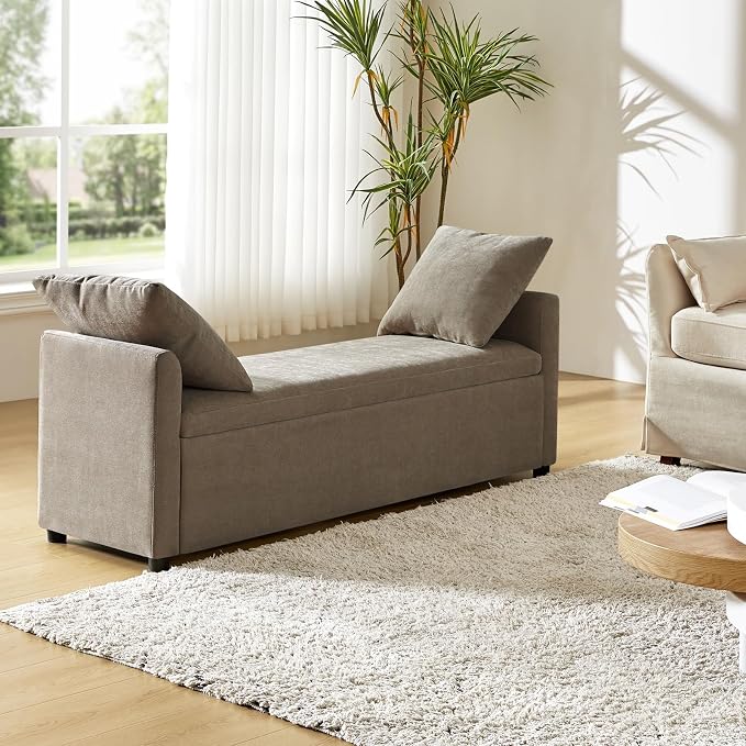 HULALA HOME 59" Storage Bench with 2 Throw Pillows & Armrests, Brown | Modern Long Bedroom Bench for End of Bed, Comfy Upholstered Fabric Footstool for Entryway Living Room