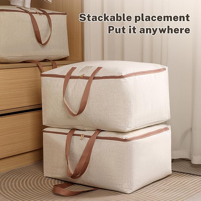 82L Storage Bag for Clothes, Comforters, Blankets, Bedding, Pillows, Stuffed Toys, Jackets with Sturdy Handles, Clear Label Tag, Zippered, for use at Home, Travel or Move, 24x17x12 (Beige, Large)