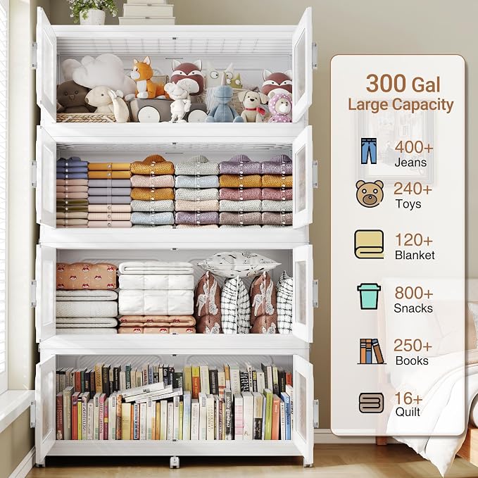 BROVIEW 300Gal Extra Large Storage Bins with Lid and Wheels, White, 4 Pack | 1 lid Plastic Cabinets Stackable Collapsible Foldable Storage Box Total 1200 Quart Organizer Drawers For Home Office Garage